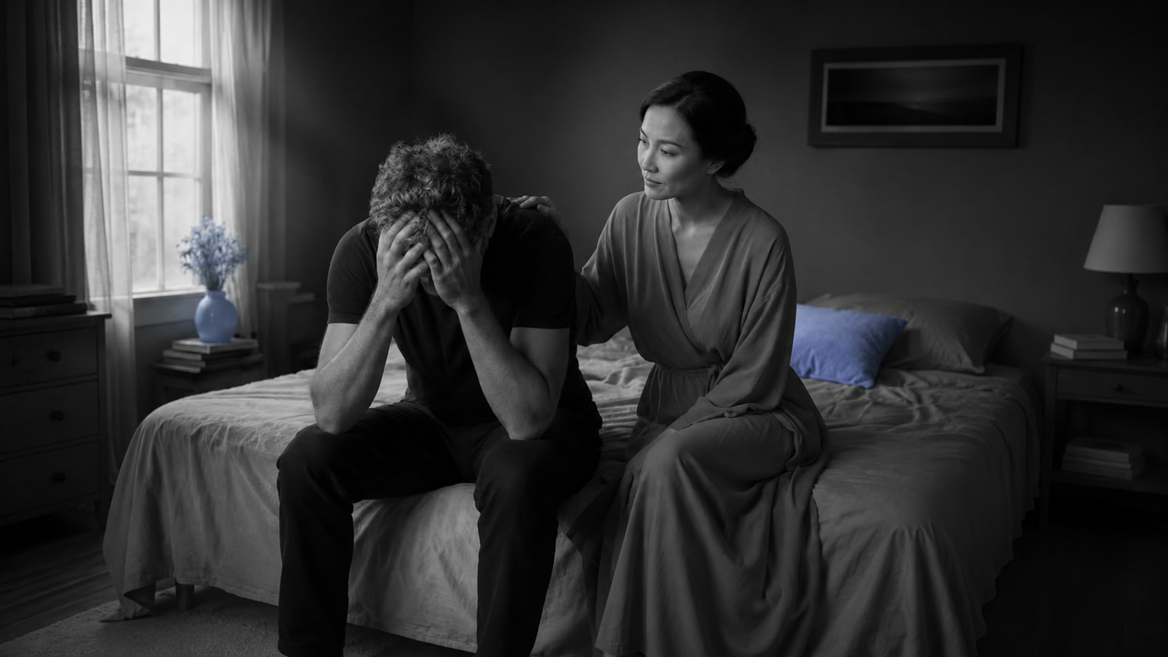 A distressed man comforted by his partner on the edge of a bed, a scene about how to know if a cheater will cheat again.