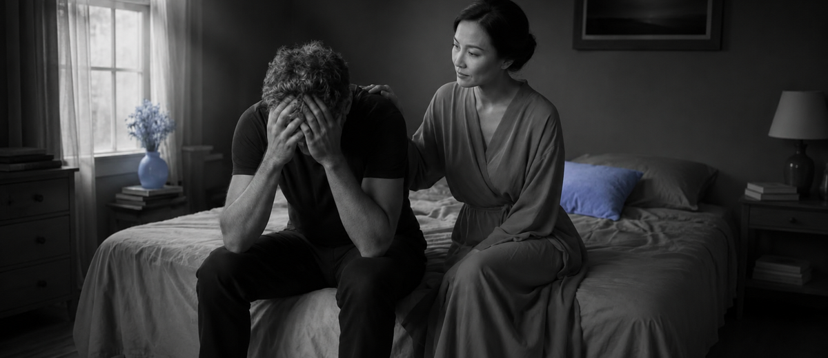 A distressed man comforted by his partner on the edge of a bed, a scene about how to know if a cheater will cheat again.