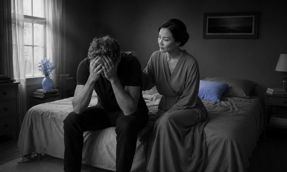 A distressed man comforted by his partner on the edge of a bed, a scene about how to know if a cheater will cheat again.