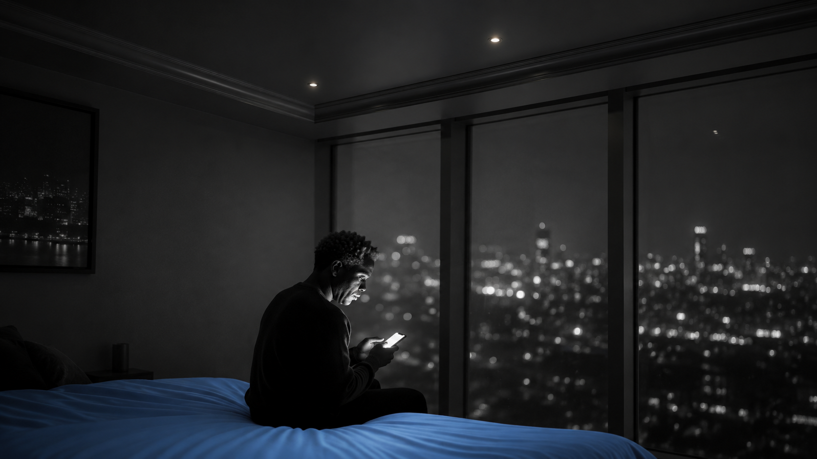 A man sits alone on a bed at night in a dark high-rise bedroom, face lit by the glow of the phone in his hands, a city skyline visible through the window behind him.
