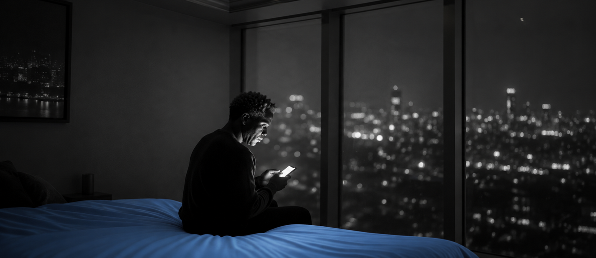 A man sits alone on a bed at night in a dark high-rise bedroom, face lit by the glow of the phone in his hands, a city skyline visible through the window behind him.