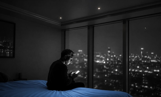 A man sits alone on a bed at night in a dark high-rise bedroom, face lit by the glow of the phone in his hands, a city skyline visible through the window behind him.