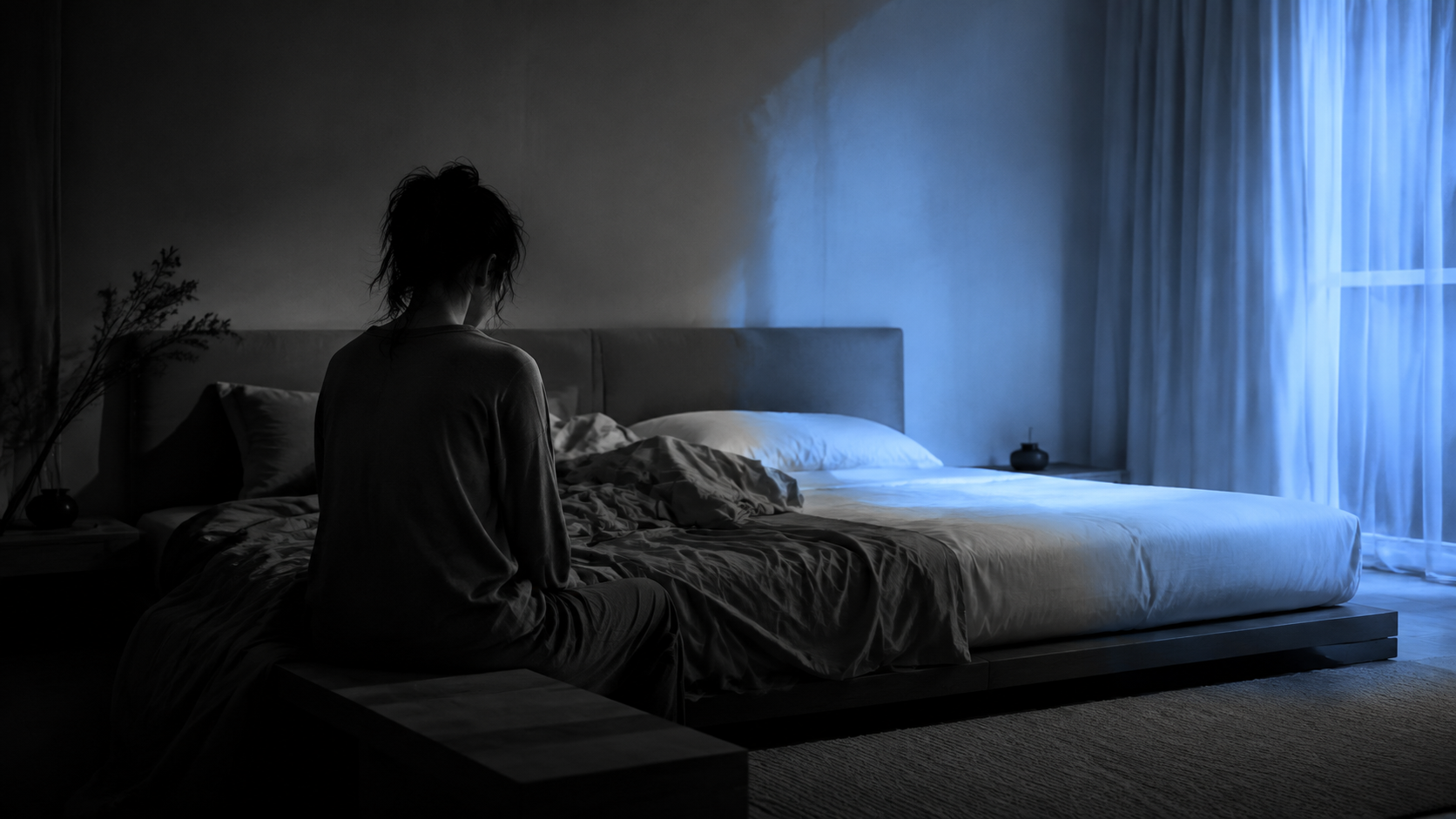 Woman sitting alone at night on the edge of a bed, one side untouched, illustrating the isolation behind why women cheat