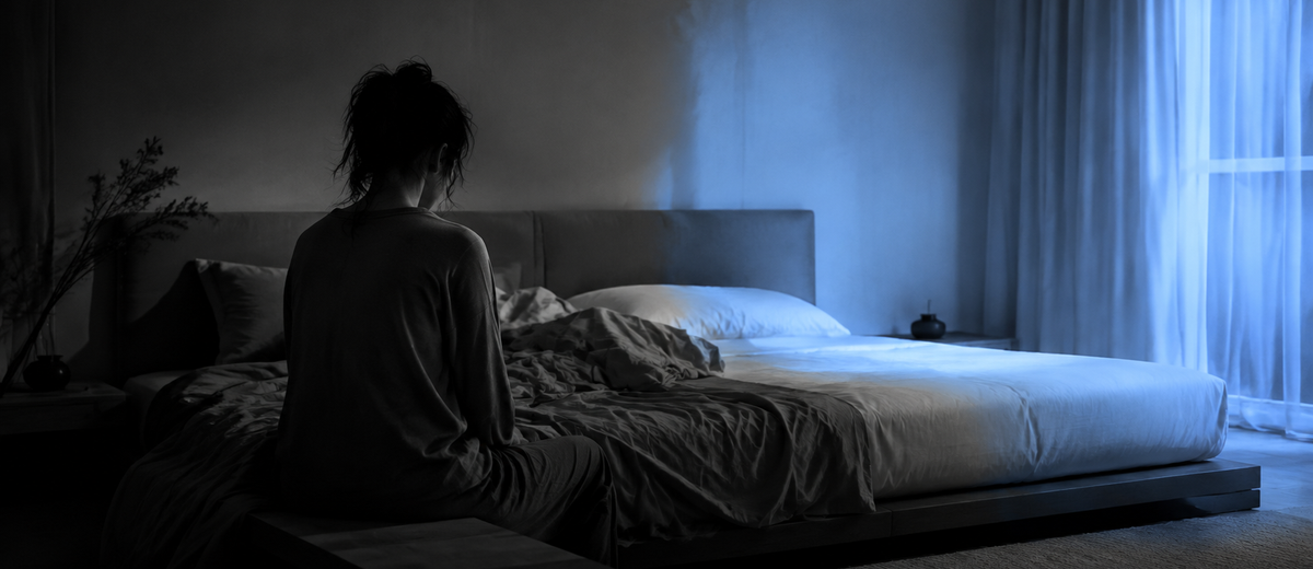 Woman sitting alone at night on the edge of a bed, one side untouched, illustrating the isolation behind why women cheat