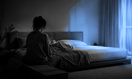 Woman sitting alone at night on the edge of a bed, one side untouched, illustrating the isolation behind why women cheat