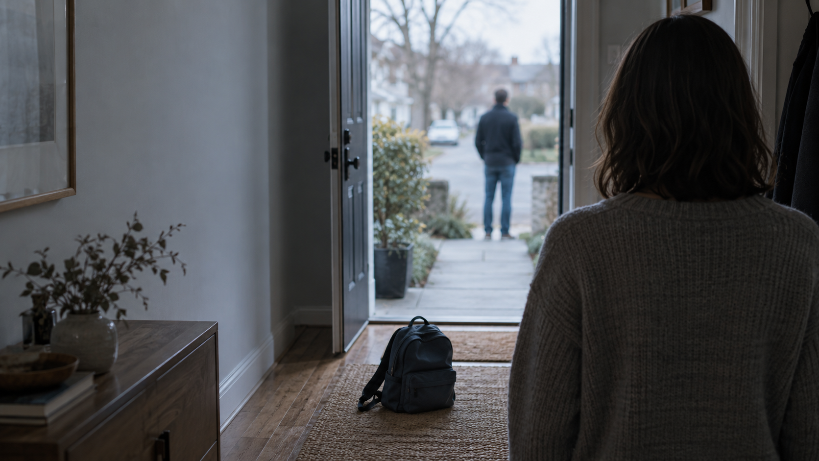 A child's backpack in a hallway between two adults at a front-door handoff, illustrating co-parenting after infidelity