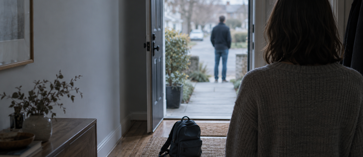A child's backpack in a hallway between two adults at a front-door handoff, illustrating co-parenting after infidelity