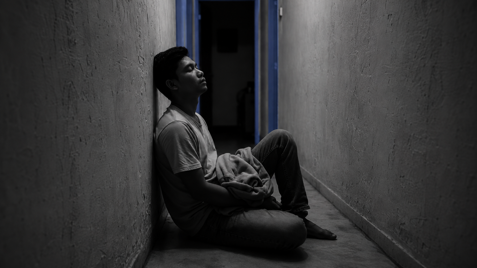 A man sitting alone in a dark hallway at night, reflecting how to regain trust after being cheated on, with pale blue light in the doorway behind him.