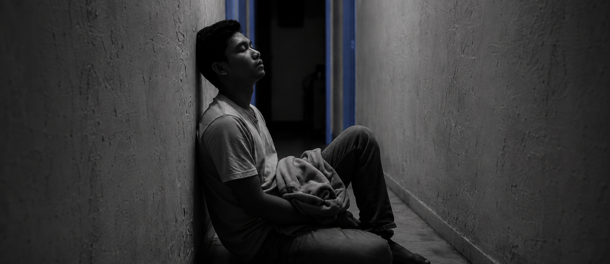 A man sitting alone in a dark hallway at night, reflecting how to regain trust after being cheated on, with pale blue light in the doorway behind him.