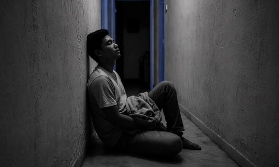 A man sitting alone in a dark hallway at night, reflecting how to regain trust after being cheated on, with pale blue light in the doorway behind him.