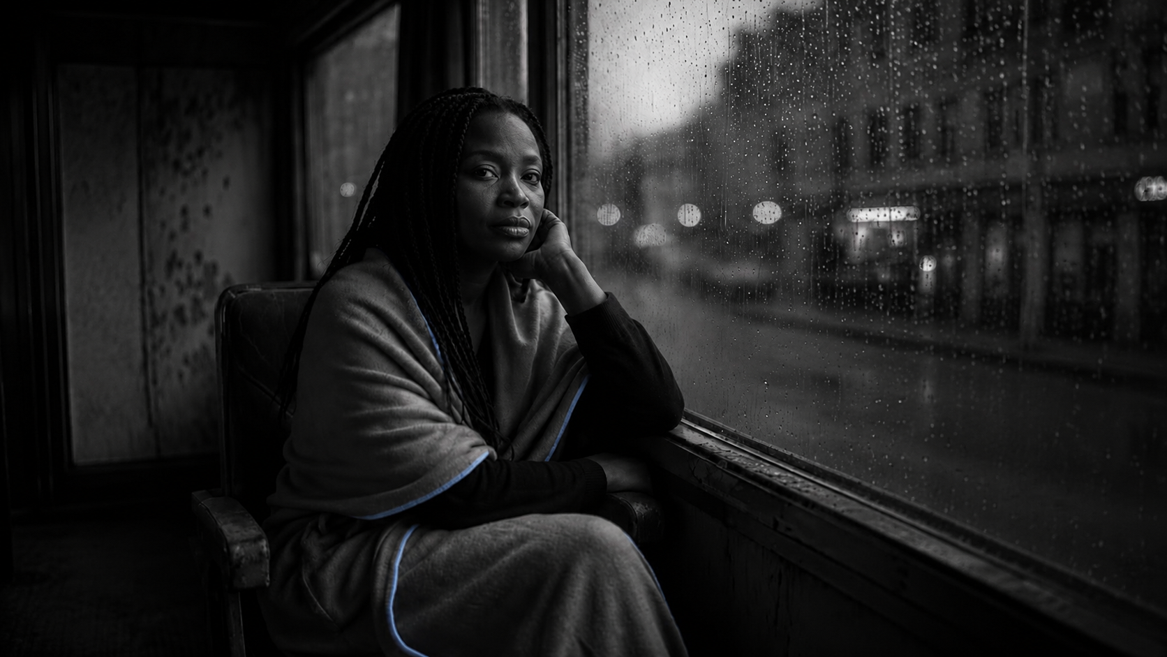 A woman wrapped in a blanket sits alone by a rain-streaked window at dusk, chin resting on her hand, quietly wondering whether her relationship can survive infidelity.