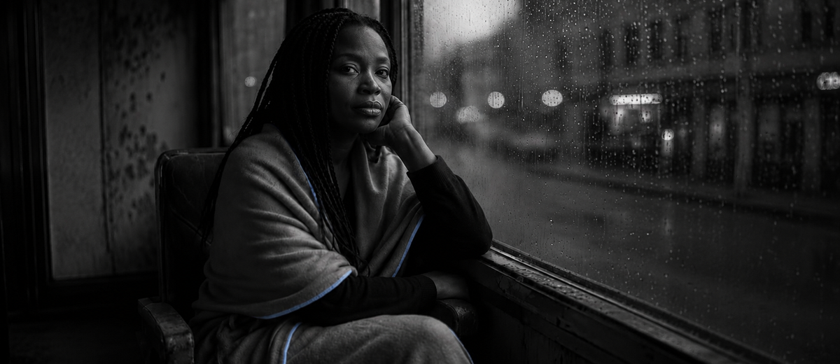 A woman wrapped in a blanket sits alone by a rain-streaked window at dusk, chin resting on her hand, quietly wondering whether her relationship can survive infidelity.