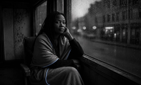 A woman wrapped in a blanket sits alone by a rain-streaked window at dusk, chin resting on her hand, quietly wondering whether her relationship can survive infidelity.