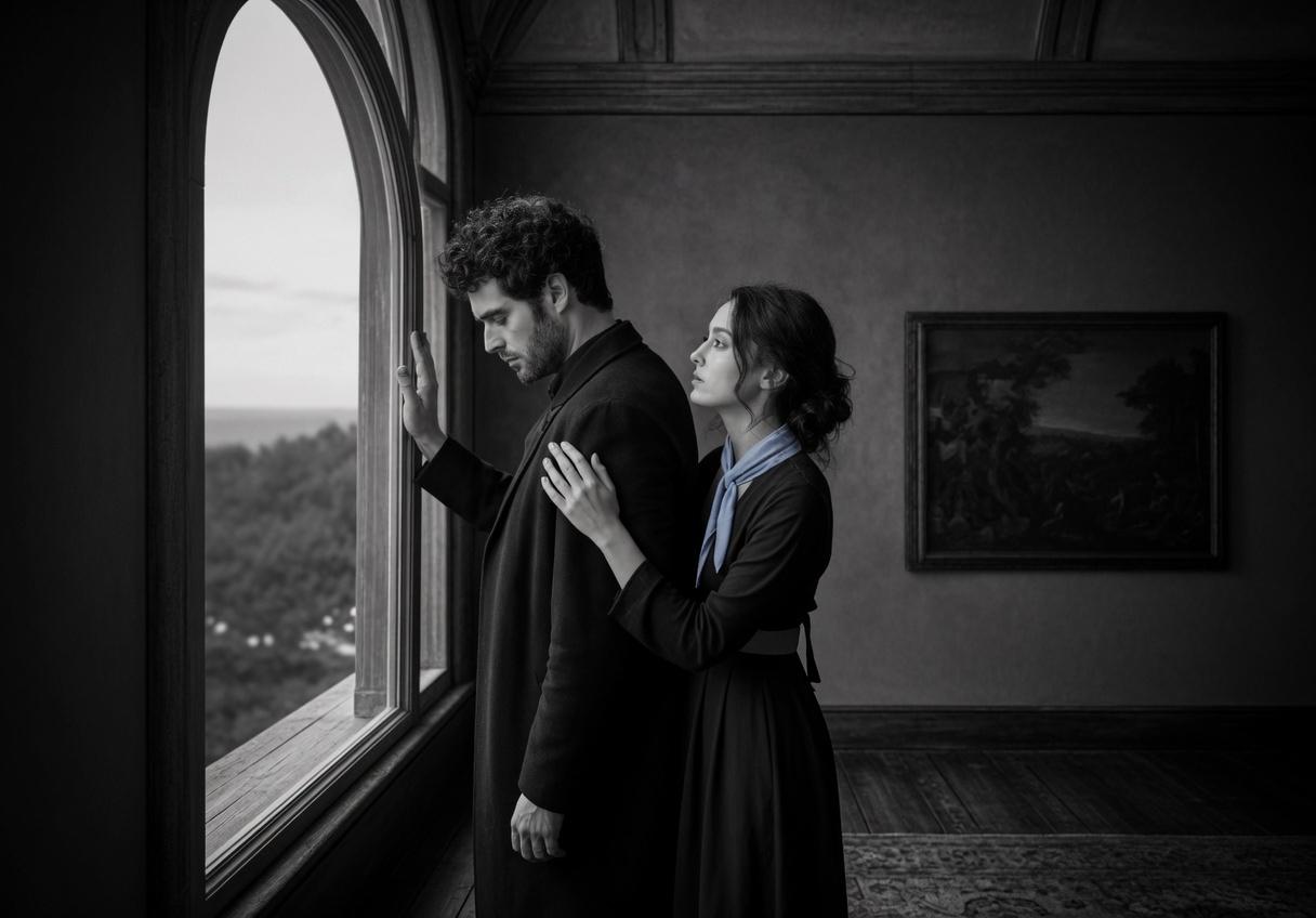 Couple standing apart at a window after infidelity, one turned away, one reaching, in a dim monochrome room.