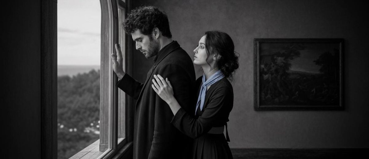 Couple standing apart at a window after infidelity, one turned away, one reaching, in a dim monochrome room.