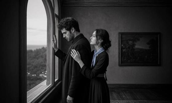 Couple standing apart at a window after infidelity, one turned away, one reaching, in a dim monochrome room.