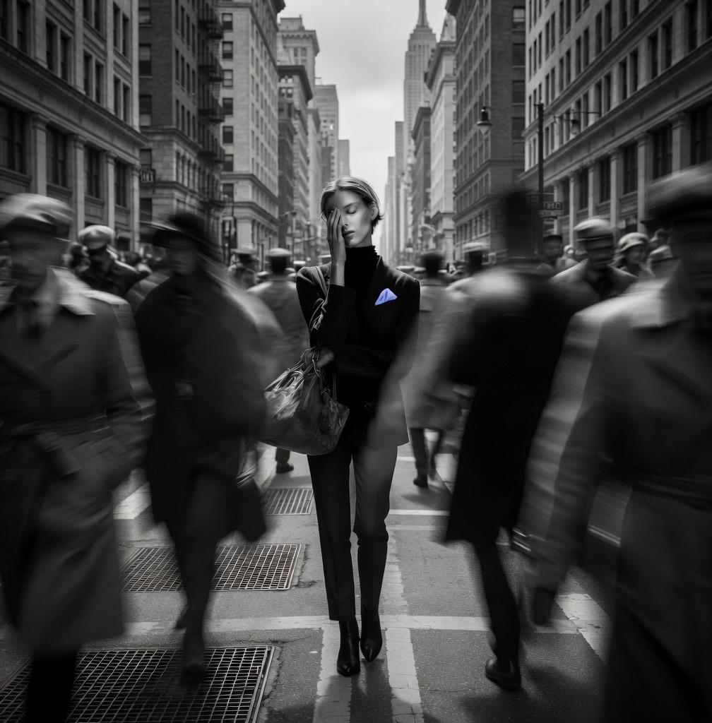 Woman pausing with a hand over one eye in a blurred crowd, evoking how to heal from infidelity.