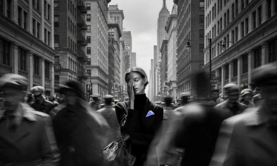 Woman pausing with a hand over one eye in a blurred crowd, evoking how to heal from infidelity.