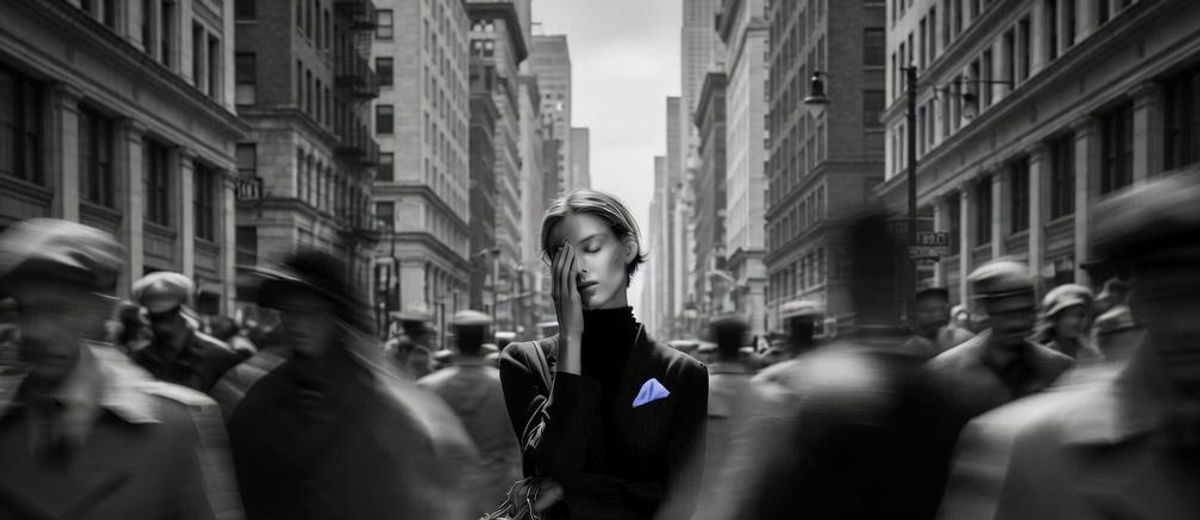 Woman pausing with a hand over one eye in a blurred crowd, evoking how to heal from infidelity.