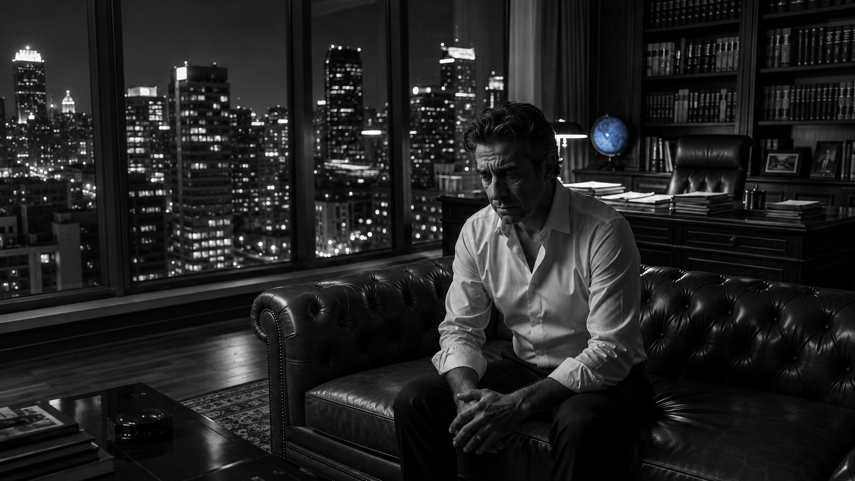 Should I confess to my infidelity: a man sits alone at night in a dark study, hands clasped, weighing the decision.
