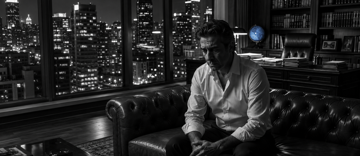 Should I confess to my infidelity: a man sits alone at night in a dark study, hands clasped, weighing the decision.