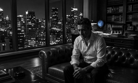 Should I confess to my infidelity: a man sits alone at night in a dark study, hands clasped, weighing the decision.