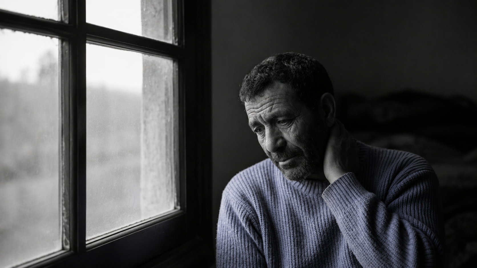 An older man in a pale blue sweater sits alone by a rain-flecked window, head lowered and one hand resting on the back of his neck, his face heavy with quiet exhaustion.