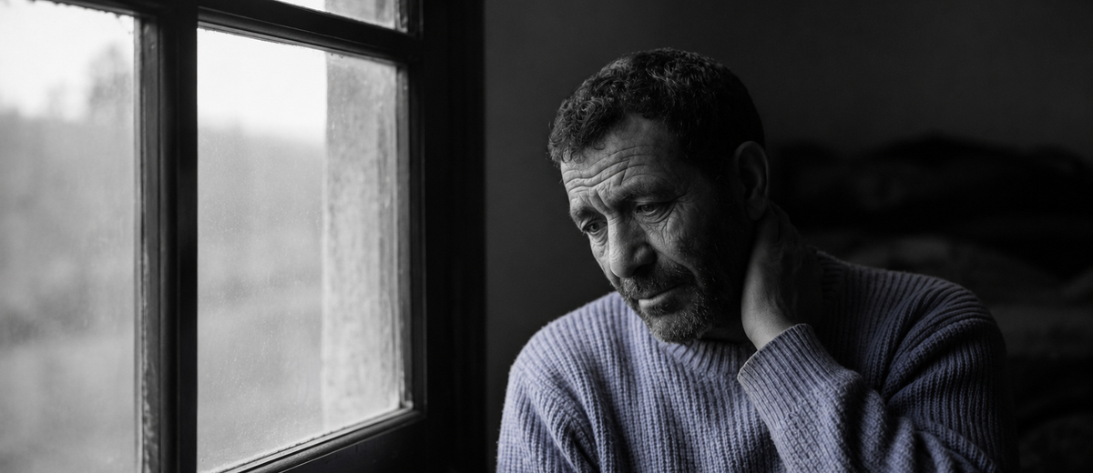 An older man in a pale blue sweater sits alone by a rain-flecked window, head lowered and one hand resting on the back of his neck, his face heavy with quiet exhaustion.