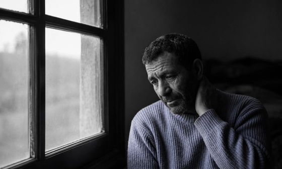 An older man in a pale blue sweater sits alone by a rain-flecked window, head lowered and one hand resting on the back of his neck, his face heavy with quiet exhaustion.