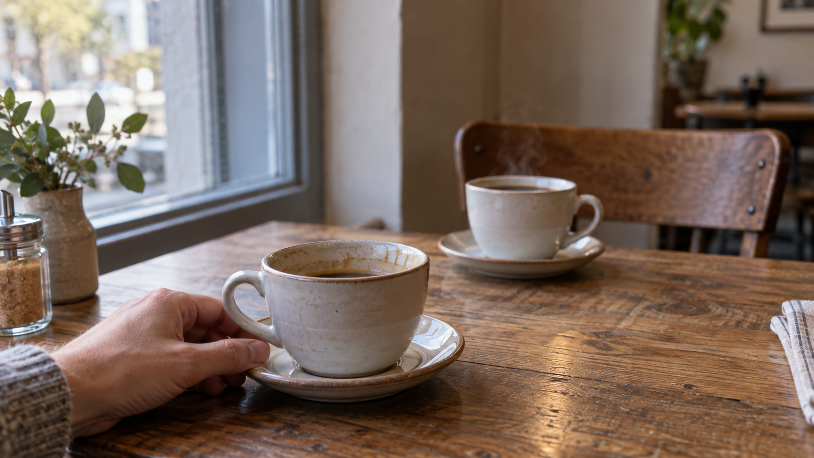 Hand resting on a coffee cup at a cafe window table, a second cup steaming in front of an empty wooden chair