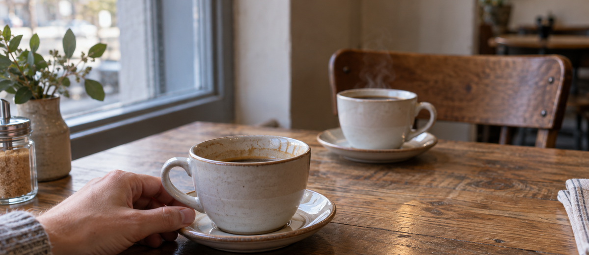 Hand resting on a coffee cup at a cafe window table, a second cup steaming in front of an empty wooden chair
