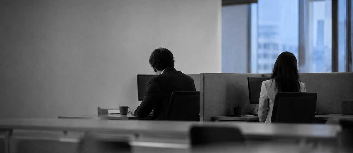 Two coworkers seated at opposite ends of a office table, backs to camera, showing the distance of a workplace affair