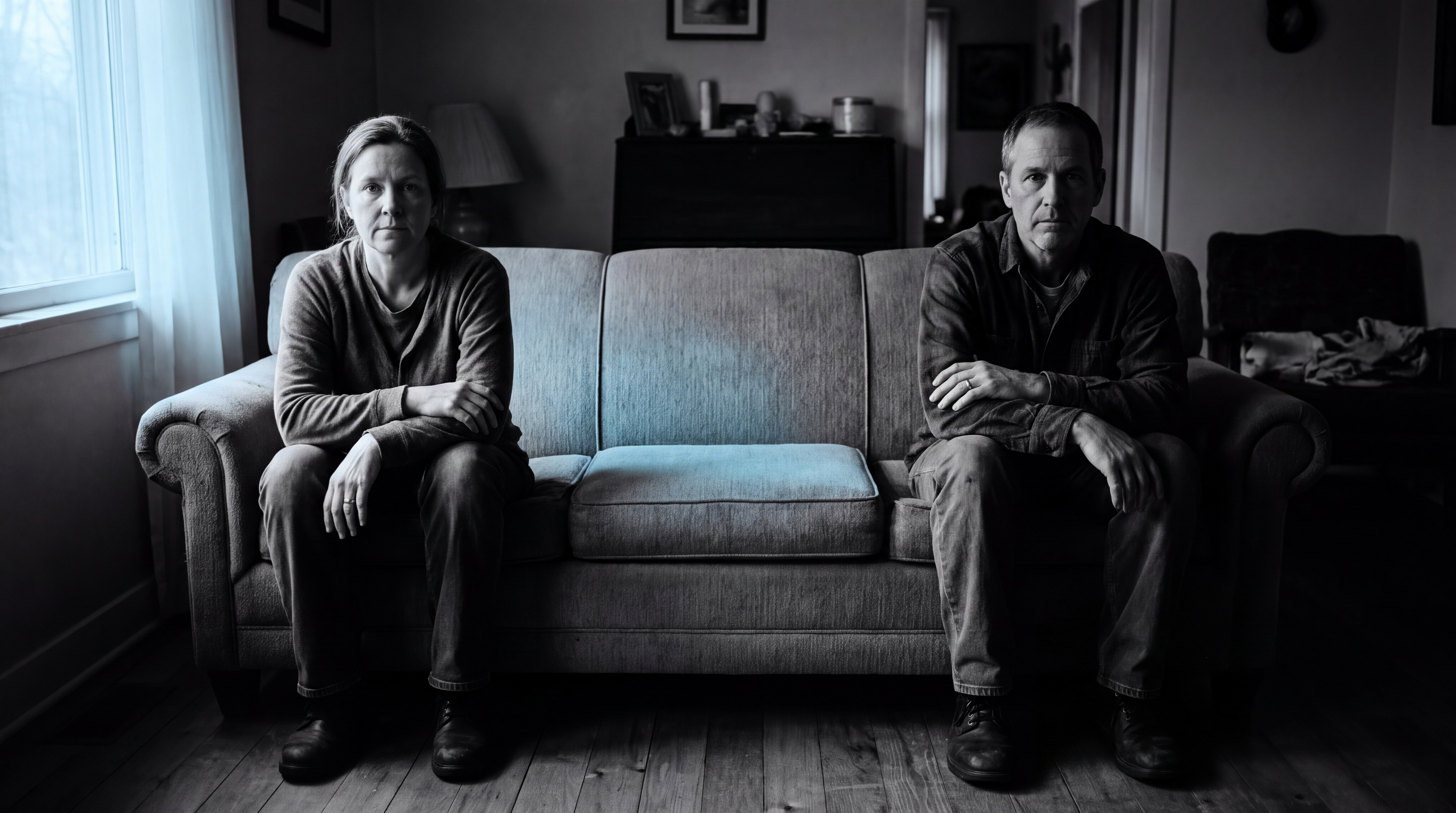 A married couple sits at opposite ends of a couch with an empty cushion between them, evoking the quiet distance of a sexless marriage.