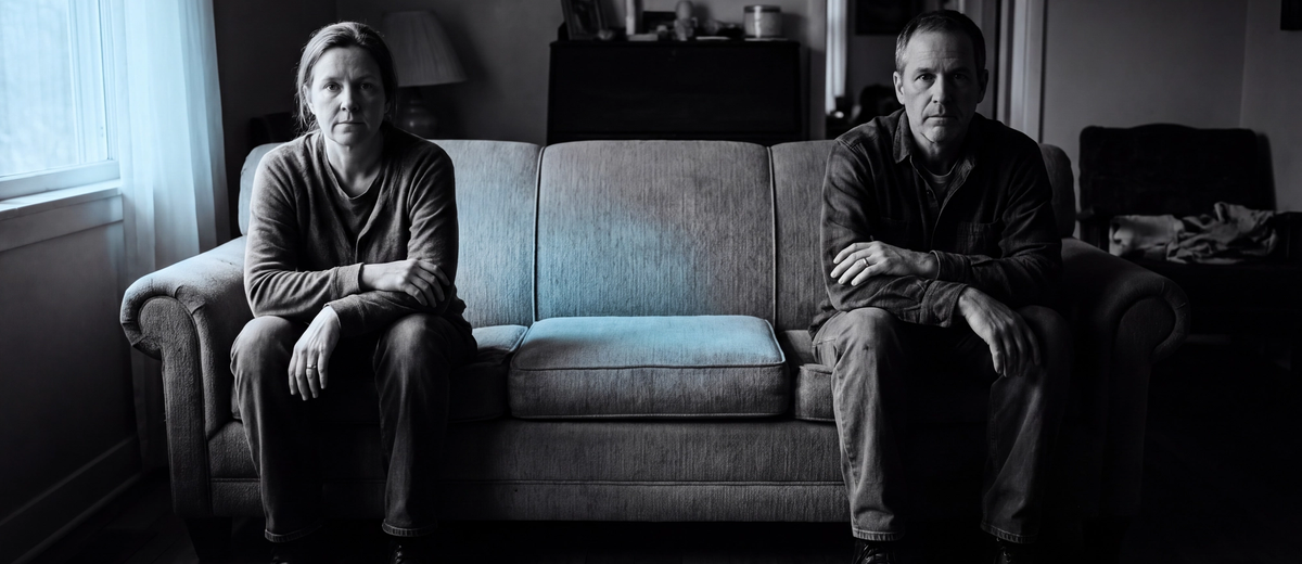 A married couple sits at opposite ends of a couch with an empty cushion between them, evoking the quiet distance of a sexless marriage.