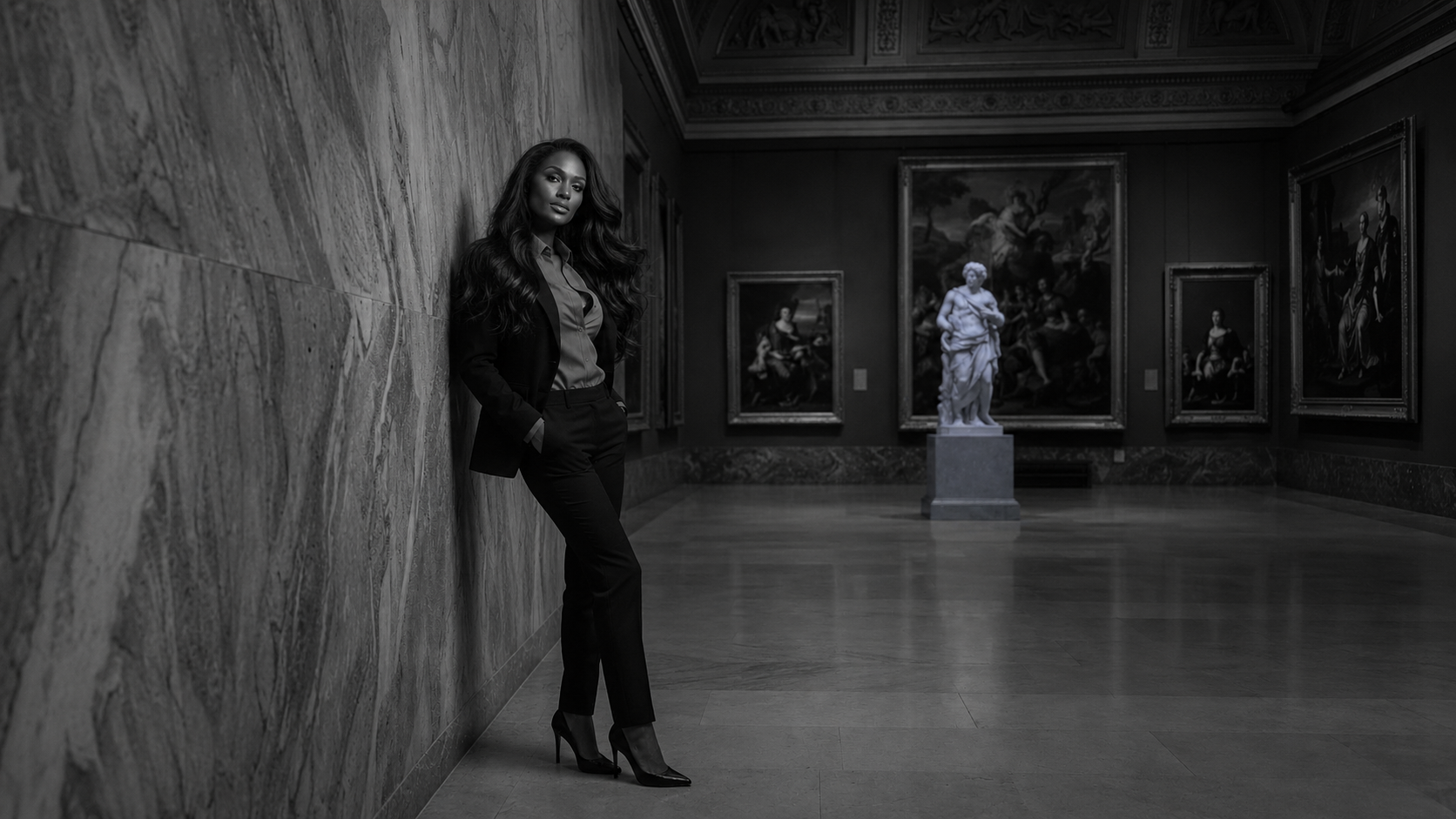 Woman standing alone and reflective in a quiet gallery, illustrating obsessive thoughts after betrayal. Black and white portrait.