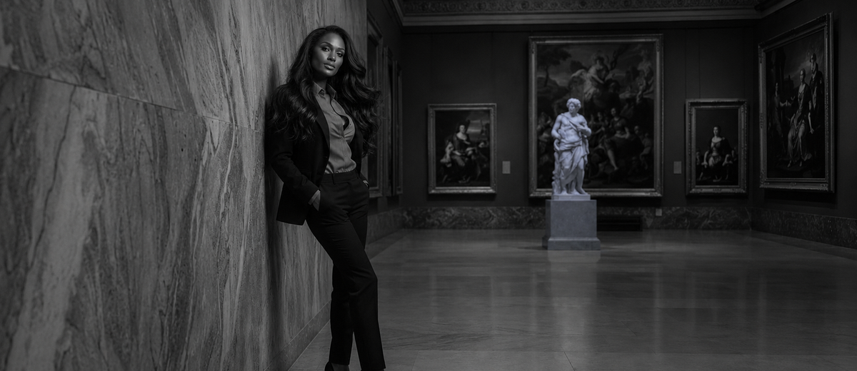 Woman standing alone and reflective in a quiet gallery, illustrating obsessive thoughts after betrayal. Black and white portrait.
