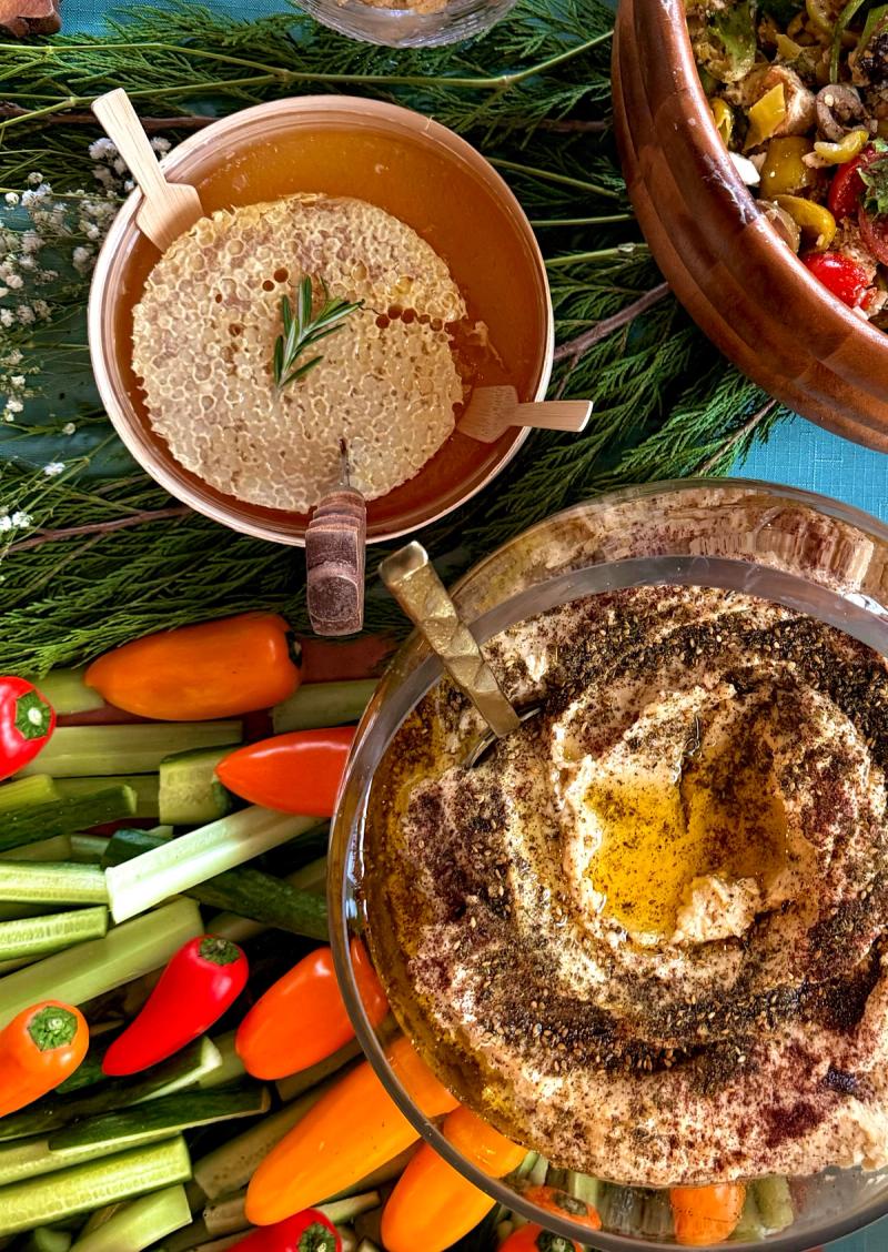 Housemade honey hummus with fresh ingredients