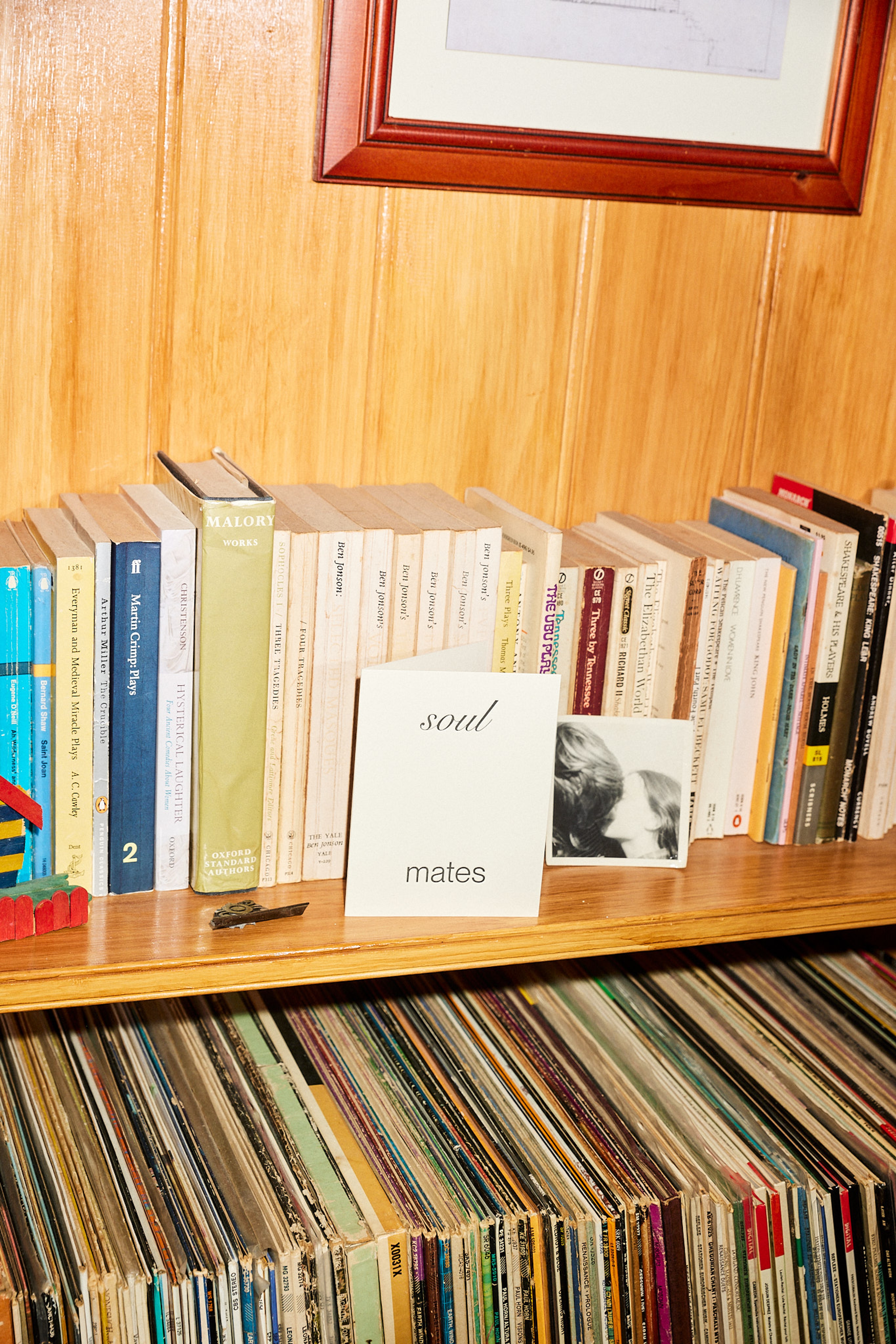 Soulmates card on bookshelf