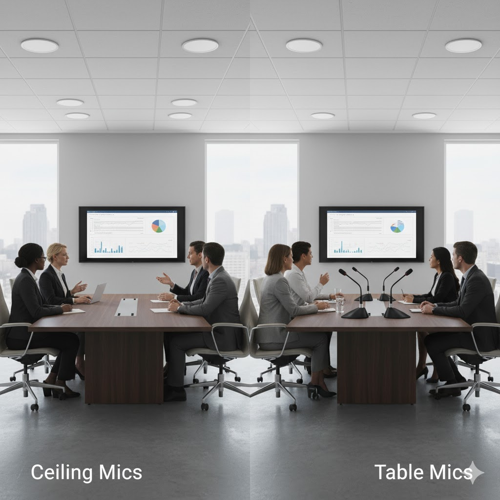 Ceiling Mics vs Table Mics: Choosing the Right Setup for Your Conference Room