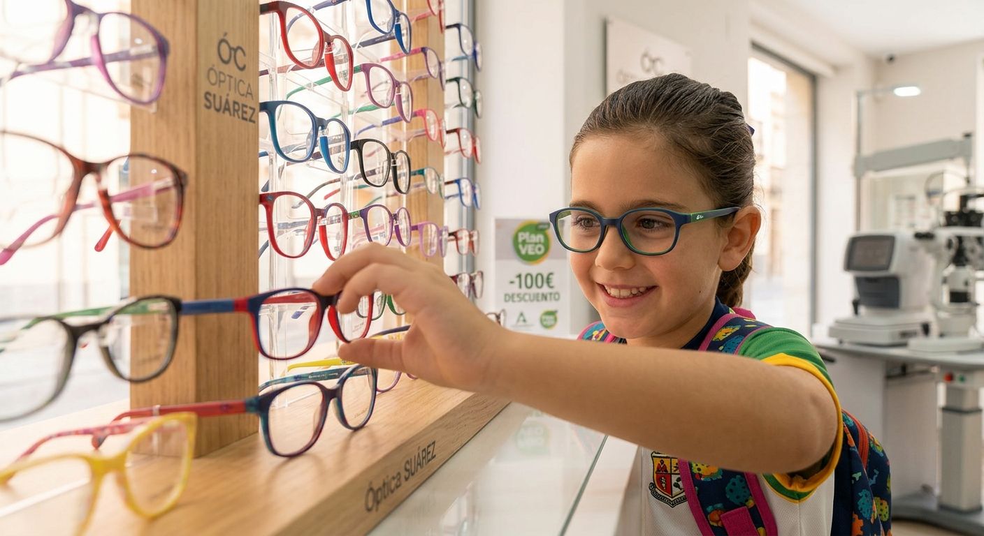 Elige las gafas que más se adapte a ti Niña eligiendo gafas en Óptica Suárez