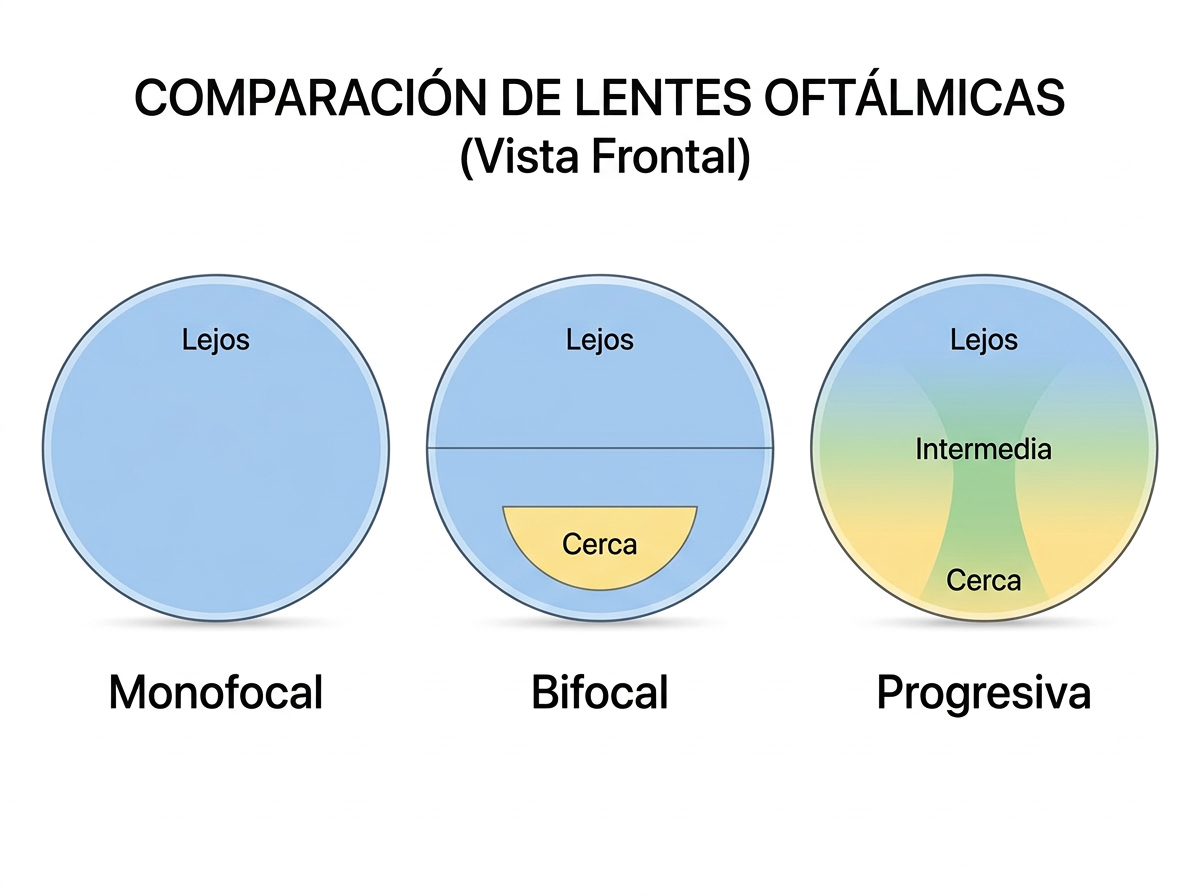 Comparativa de tipos de lentes: monofocal, bifocal y progresivo