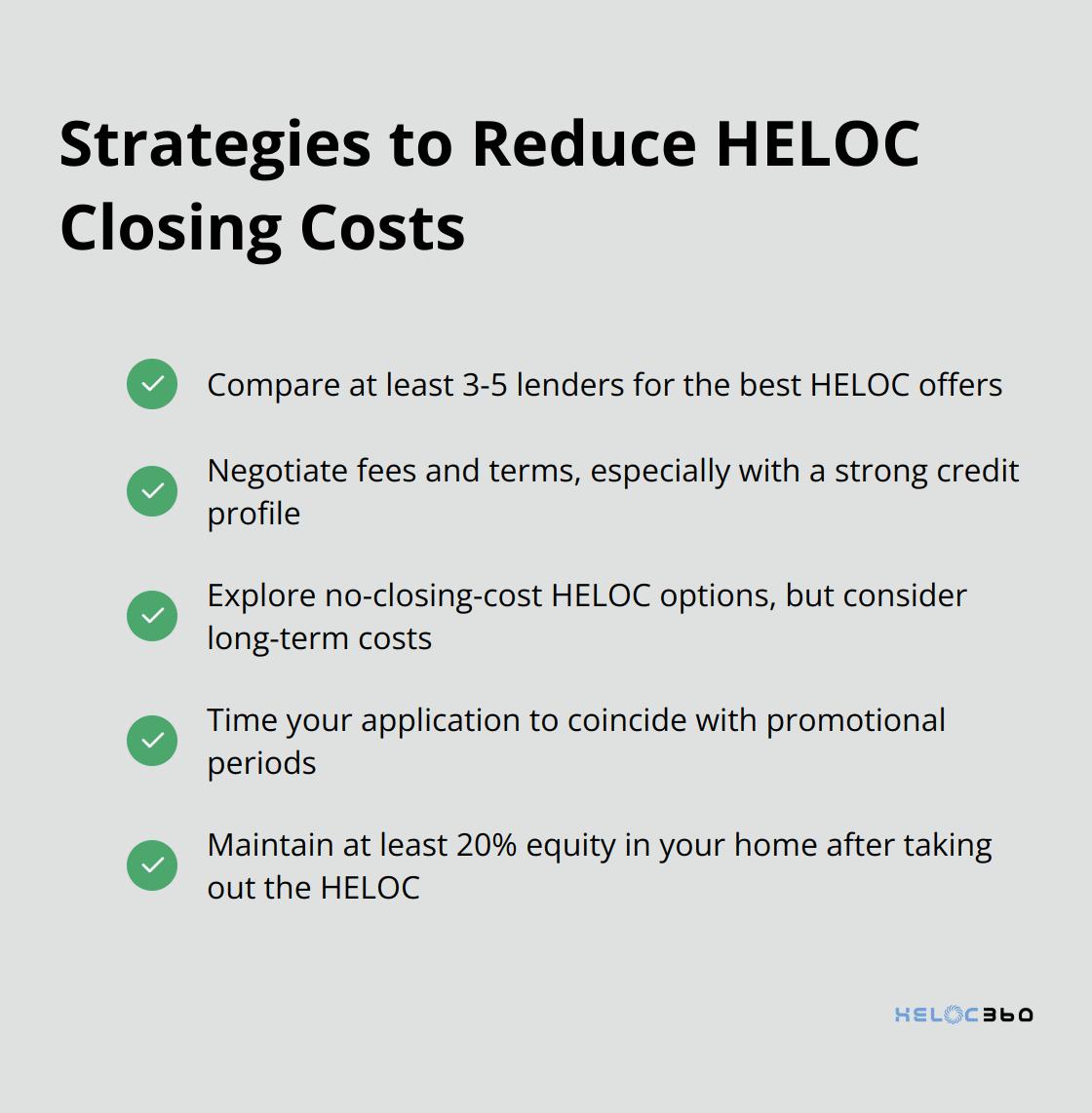 A checklist of strategies to reduce HELOC closing costs, including comparing multiple lenders, negotiating terms, exploring no-closing-cost options, and timing your application strategically.