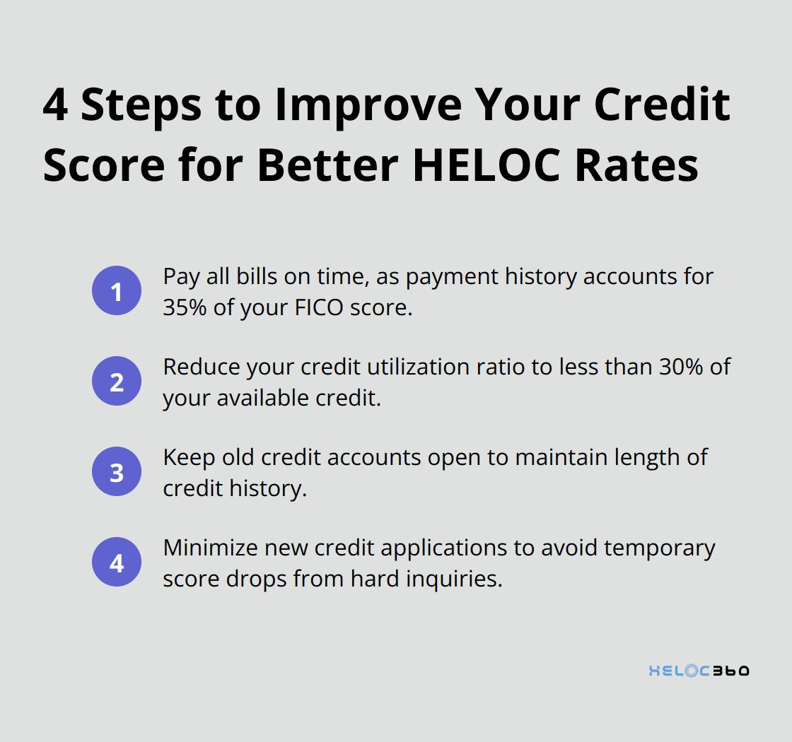 Ordered list chart showing 4 steps to improve credit score for better HELOC rates - heloc interest rates today