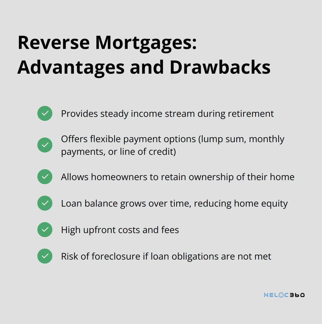 Checkmark list showing advantages and potential drawbacks of reverse mortgages for senior homeowners