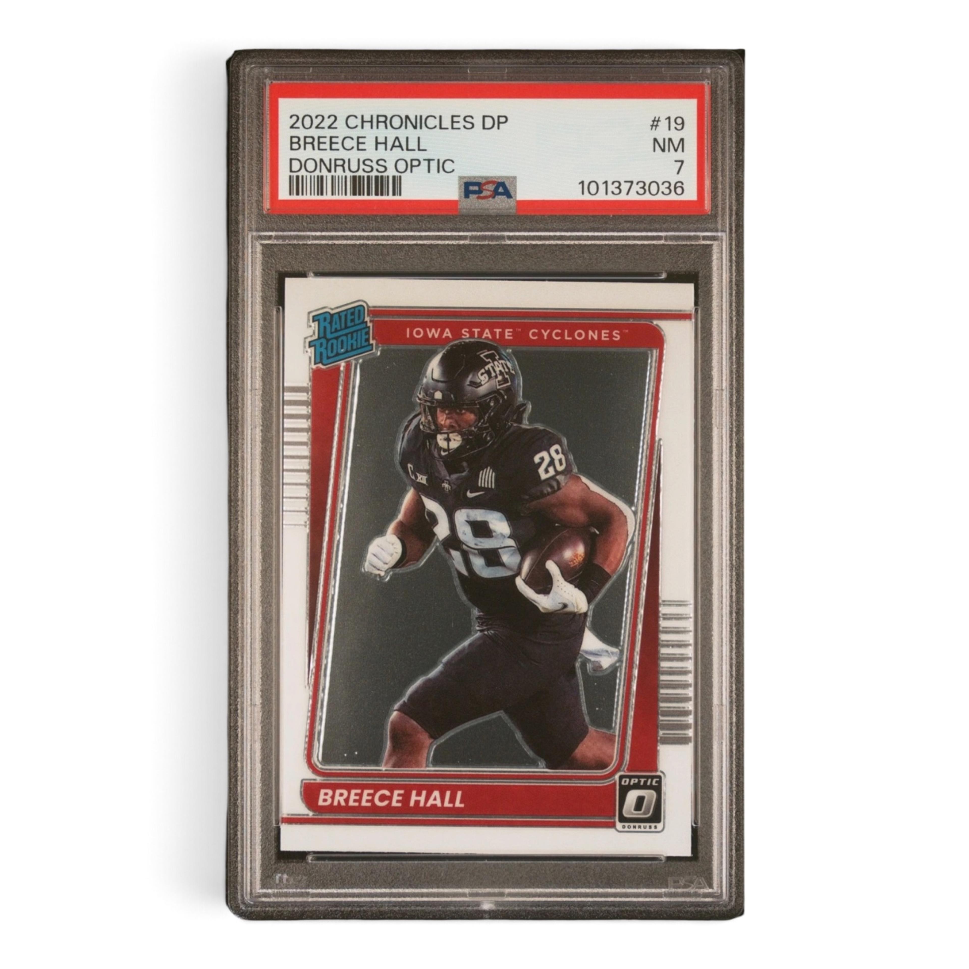 2022 Panini Chronicles Draft Picks Donruss Optic #19 Breece Hall Rookie RC – PSA 7