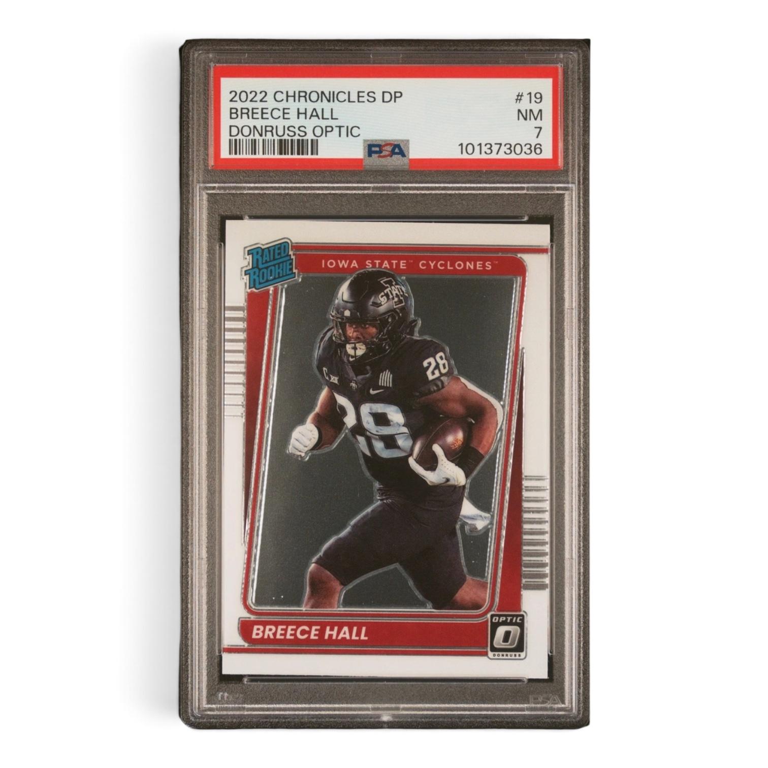 2022 Panini Chronicles Draft Picks Donruss Optic #19 Breece Hall Rookie RC – PSA 7