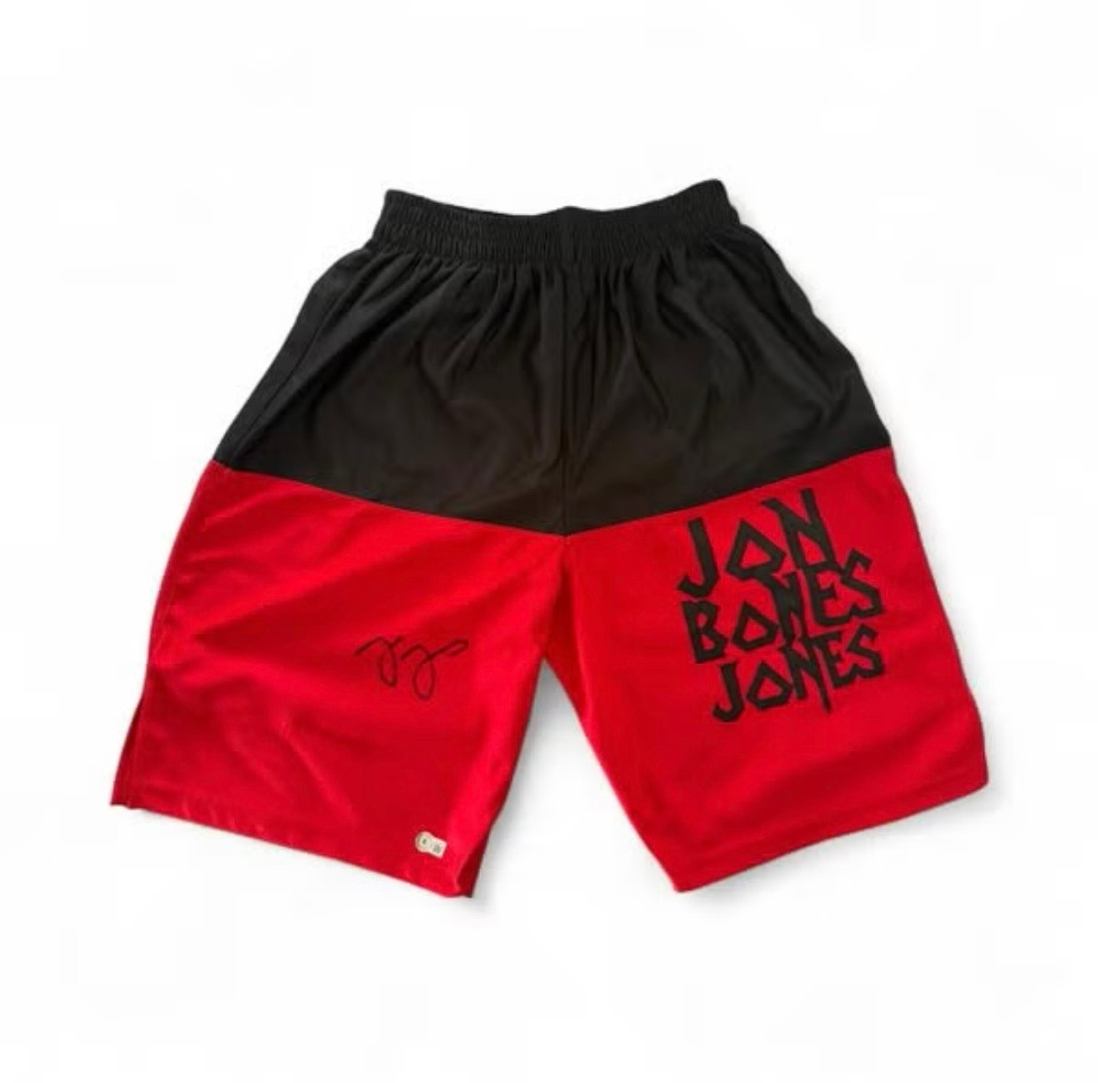 Jon “Bones” Jones signerade röda UFC boxningsshorts med Beckett BAS-certifiering