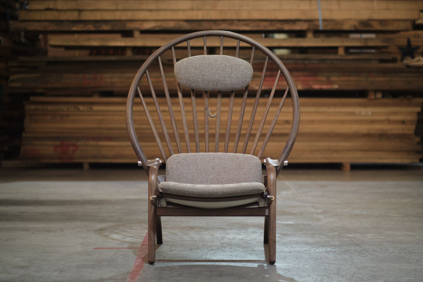 Kumo functional lounge chair in oak, wool and leather designed by Anker Bak for Miyazaki Chair Factory