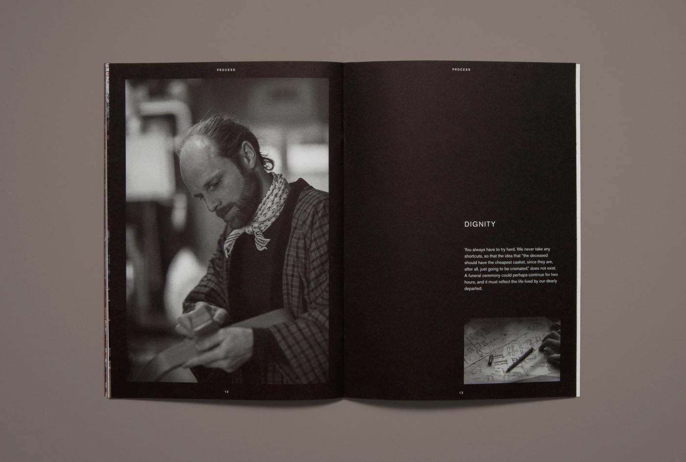 Black-and-white spread from the Ro catalogue with a photograph of a bearded man in a checked jacket working with wood in a workshop, beside a dark page headed "Dignity" with a small sketch.