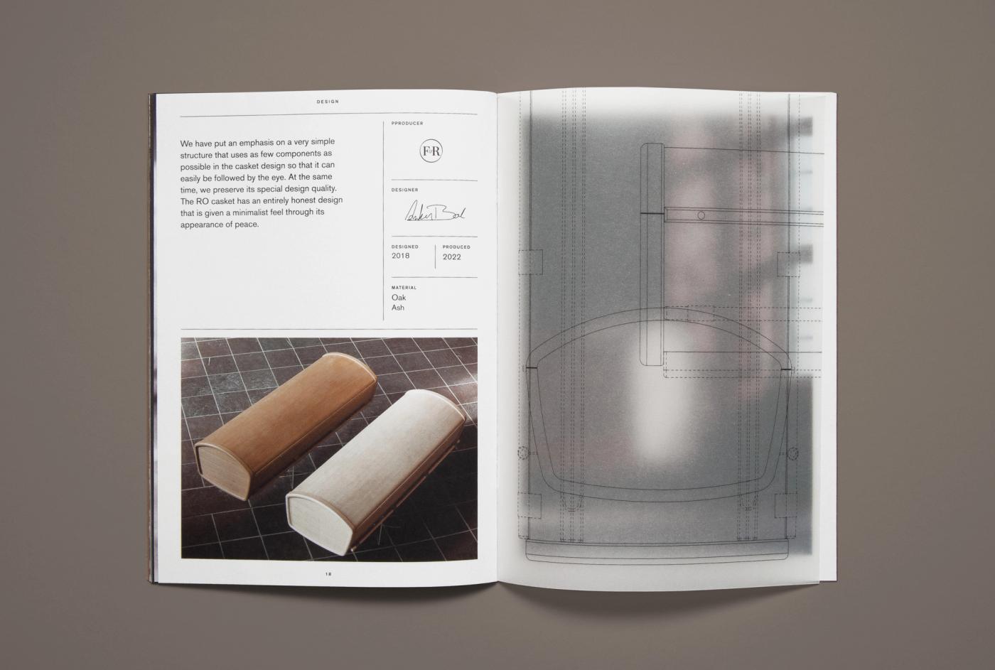 Spread from the Ro catalogue with a product page showing two rounded wooden armrest-like parts in oak and light finish on a tiled floor, and a faint technical drawing of the Ro coffin on the right.